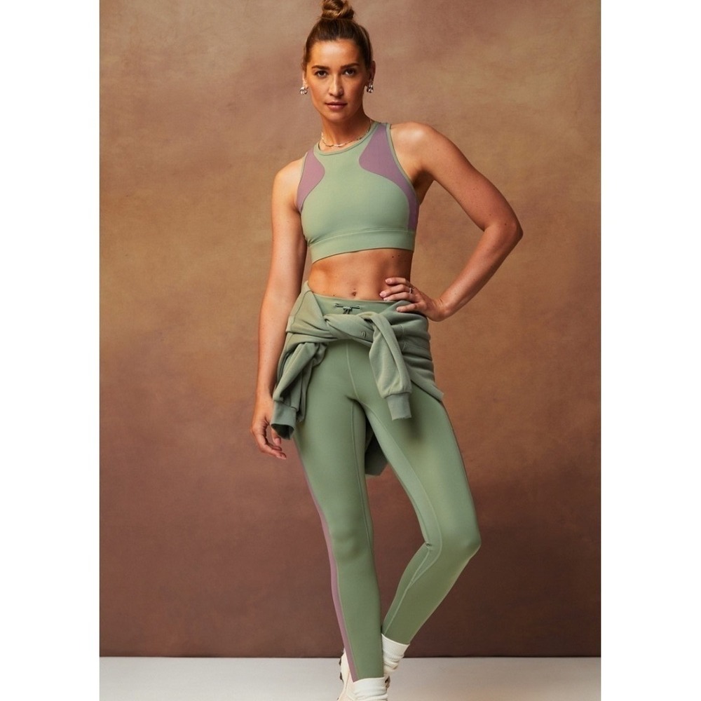 Fabletics Khloe Edit Activewear Set Green Plum Colorblock Bra Leggings Small